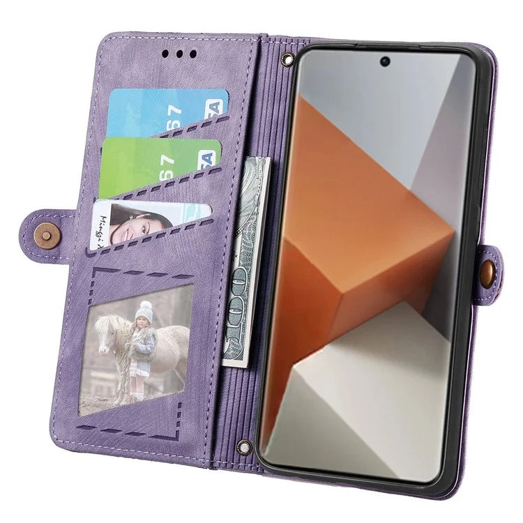 For Xiaomi Redmi Note 13 Pro+ 5G Cell Phone Case Imprinted Zipper Pocket Shockproof Cover with Stand