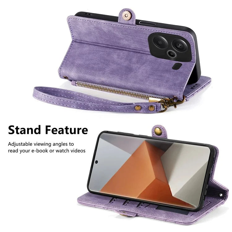 For Xiaomi Redmi Note 13 Pro+ 5G Cell Phone Case Imprinted Zipper Pocket Shockproof Cover with Stand