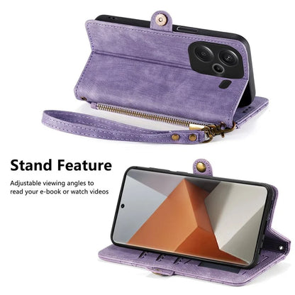 For Xiaomi Redmi Note 13 Pro+ 5G Cell Phone Case Imprinted Zipper Pocket Shockproof Cover with Stand