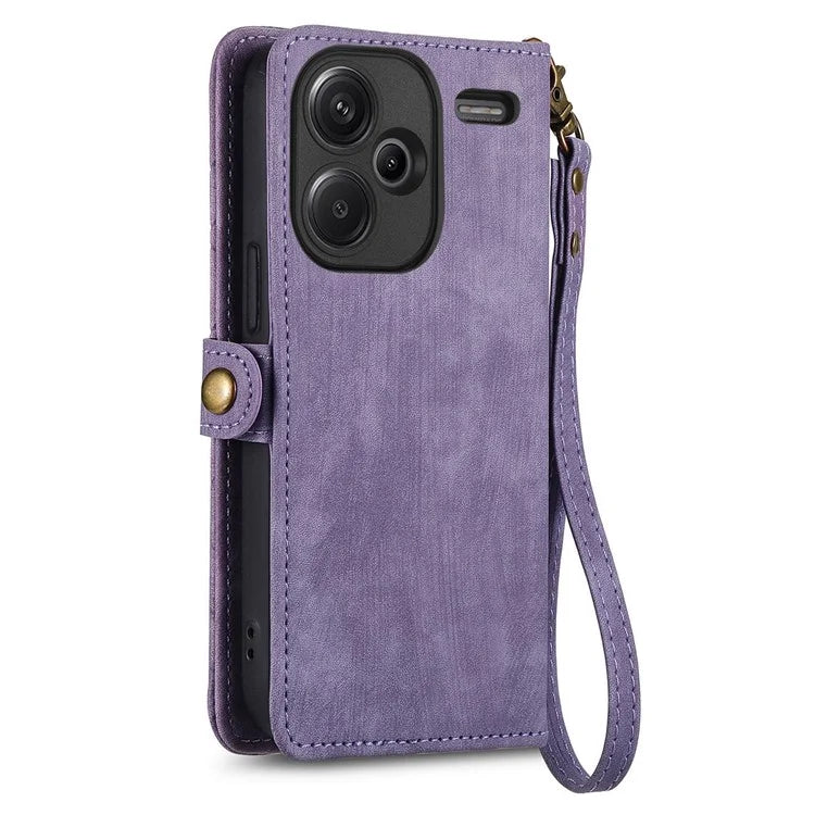 For Xiaomi Redmi Note 13 Pro+ 5G Cell Phone Case Imprinted Zipper Pocket Shockproof Cover with Stand