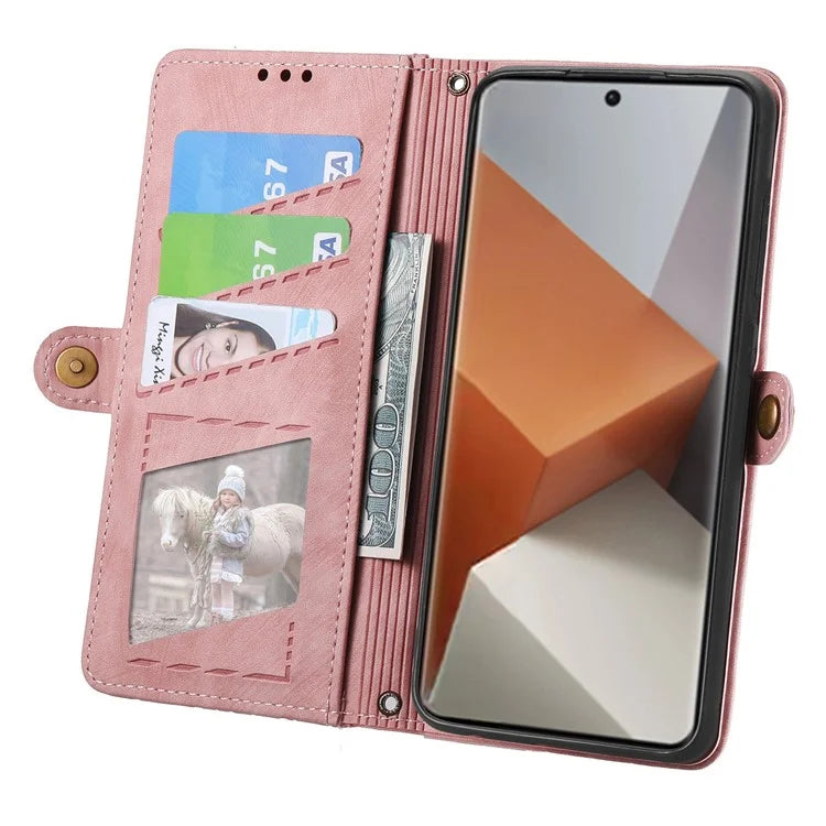 For Xiaomi Redmi Note 13 Pro+ 5G Cell Phone Case Imprinted Zipper Pocket Shockproof Cover with Stand