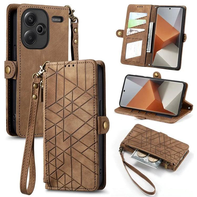 For Xiaomi Redmi Note 13 Pro+ 5G Cell Phone Case Imprinted Zipper Pocket Shockproof Cover with Stand