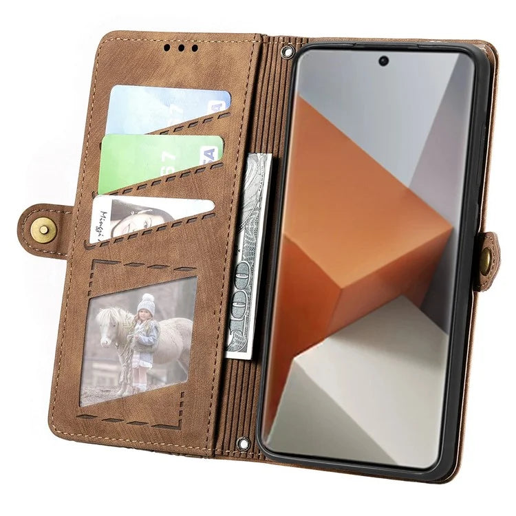 For Xiaomi Redmi Note 13 Pro+ 5G Cell Phone Case Imprinted Zipper Pocket Shockproof Cover with Stand