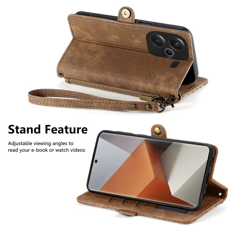 For Xiaomi Redmi Note 13 Pro+ 5G Cell Phone Case Imprinted Zipper Pocket Shockproof Cover with Stand