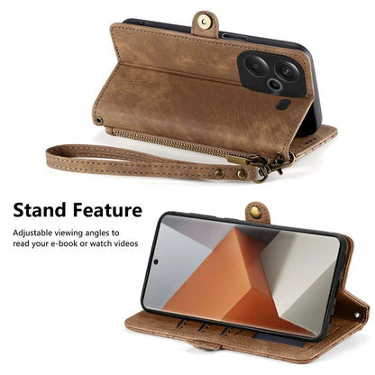 For Xiaomi Redmi Note 13 Pro+ 5G Cell Phone Case Imprinted Zipper Pocket Shockproof Cover with Stand
