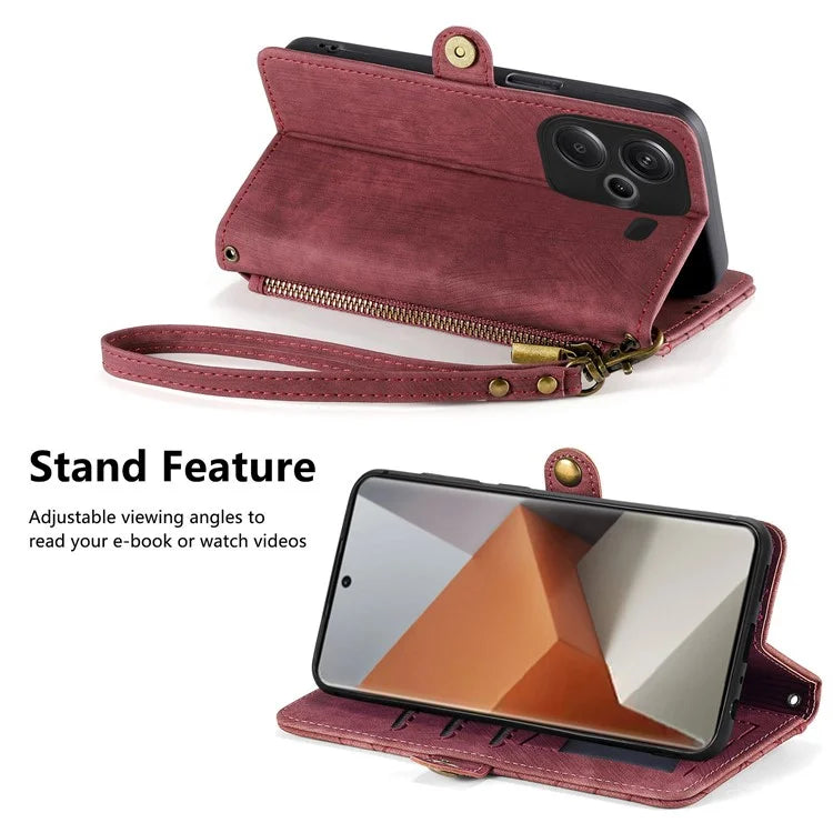 For Xiaomi Redmi Note 13 Pro+ 5G Cell Phone Case Imprinted Zipper Pocket Shockproof Cover with Stand