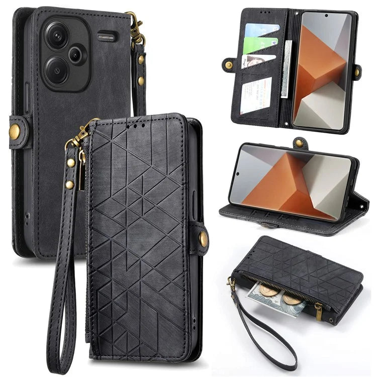 For Xiaomi Redmi Note 13 Pro+ 5G Cell Phone Case Imprinted Zipper Pocket Shockproof Cover with Stand