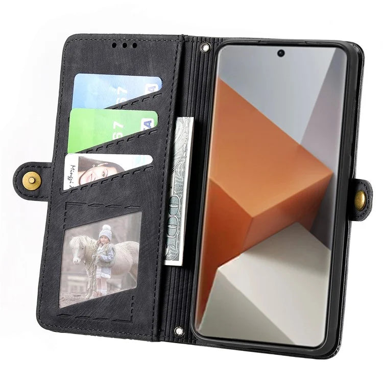 For Xiaomi Redmi Note 13 Pro+ 5G Cell Phone Case Imprinted Zipper Pocket Shockproof Cover with Stand