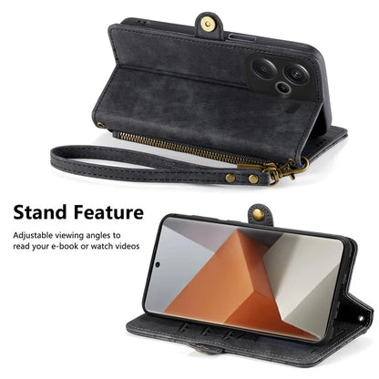 For Xiaomi Redmi Note 13 Pro+ 5G Cell Phone Case Imprinted Zipper Pocket Shockproof Cover with Stand