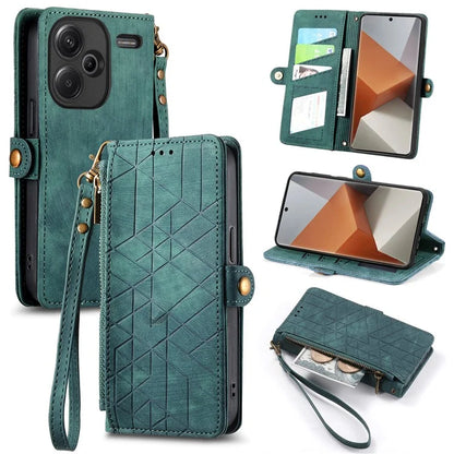 For Xiaomi Redmi Note 13 Pro+ 5G Cell Phone Case Imprinted Zipper Pocket Shockproof Cover with Stand
