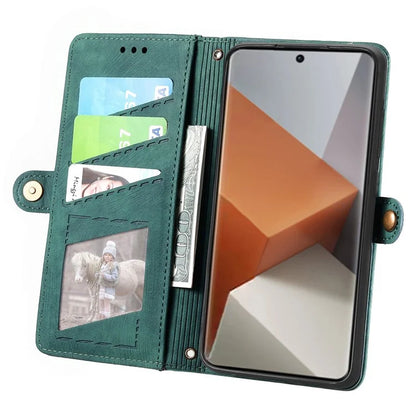 For Xiaomi Redmi Note 13 Pro+ 5G Cell Phone Case Imprinted Zipper Pocket Shockproof Cover with Stand