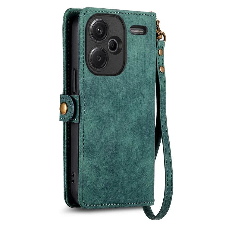For Xiaomi Redmi Note 13 Pro+ 5G Cell Phone Case Imprinted Zipper Pocket Shockproof Cover with Stand
