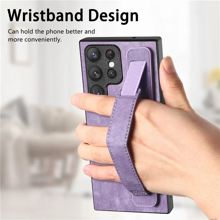 D11 For Samsung Galaxy S23 Ultra Case Retro Leather+TPU Cover with Wristband Kickstand