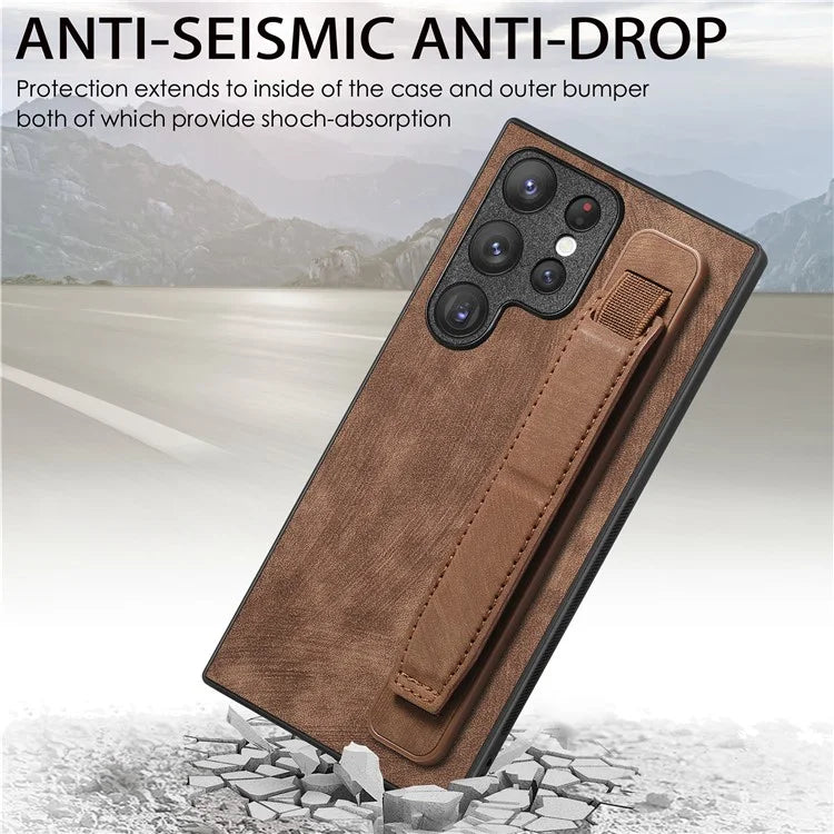D11 For Samsung Galaxy S23 Ultra Case Retro Leather+TPU Cover with Wristband Kickstand