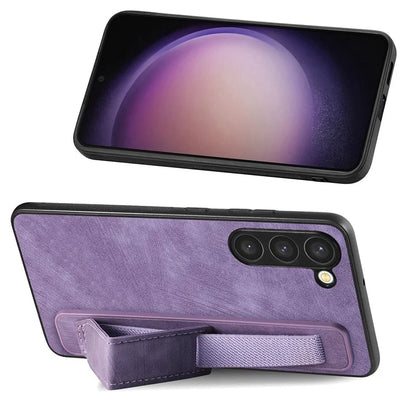 D11 For Samsung Galaxy S23 Cell Phone Case Shockproof Leather+TPU Wristband Kickstand Cover