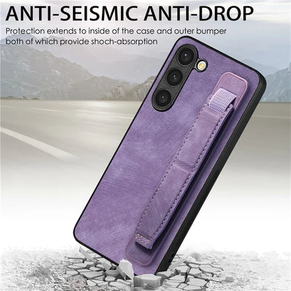 D11 For Samsung Galaxy S23 Cell Phone Case Shockproof Leather+TPU Wristband Kickstand Cover