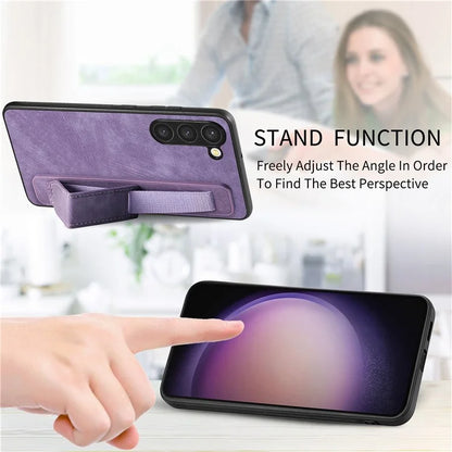 D11 For Samsung Galaxy S23 Cell Phone Case Shockproof Leather+TPU Wristband Kickstand Cover
