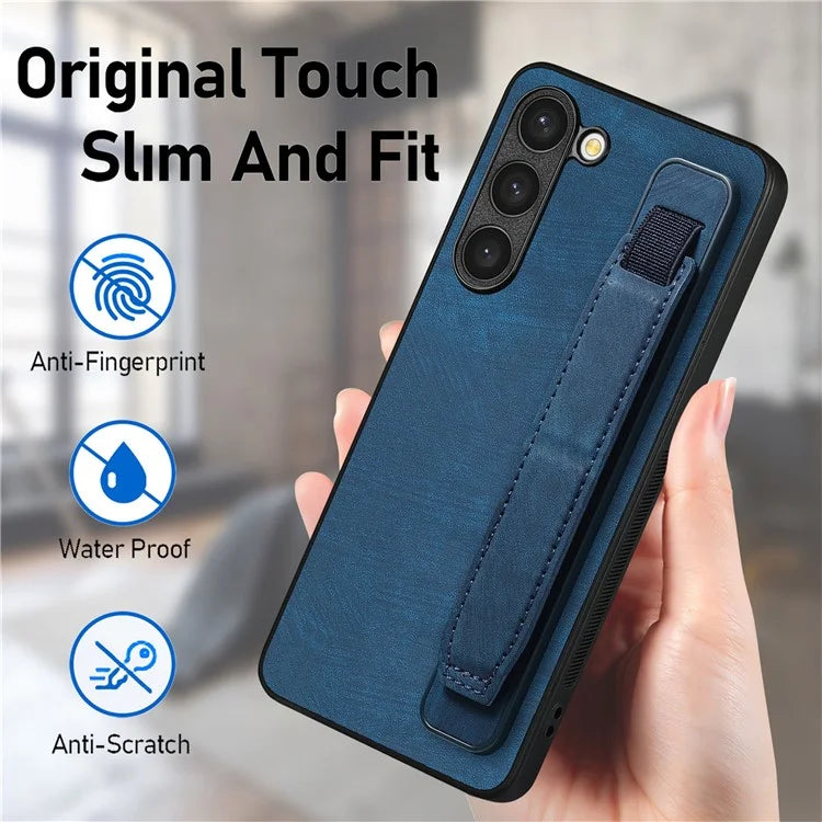 D11 For Samsung Galaxy S23 Cell Phone Case Shockproof Leather+TPU Wristband Kickstand Cover