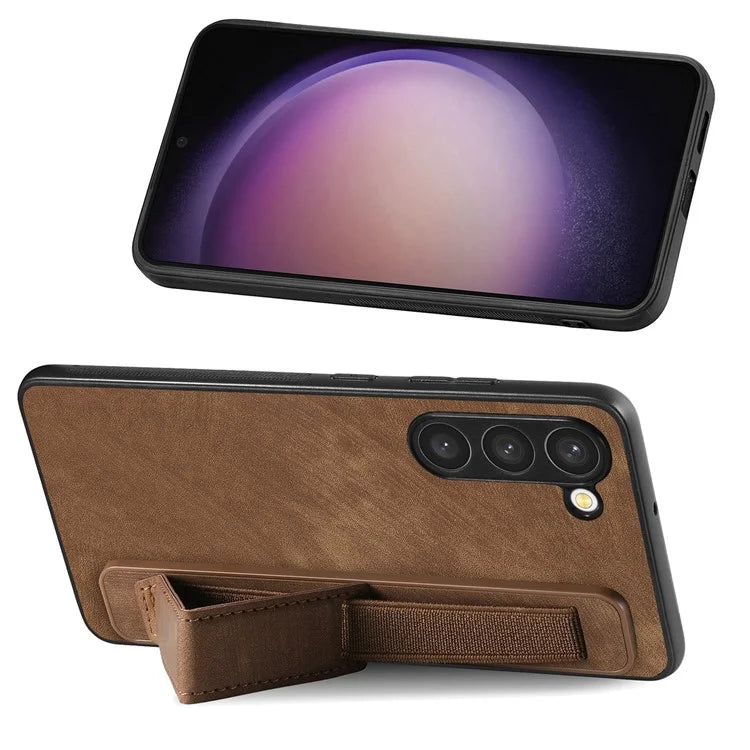 D11 For Samsung Galaxy S23 Cell Phone Case Shockproof Leather+TPU Wristband Kickstand Cover