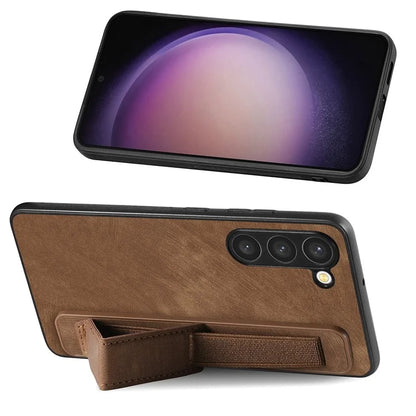 D11 For Samsung Galaxy S23 Cell Phone Case Shockproof Leather+TPU Wristband Kickstand Cover