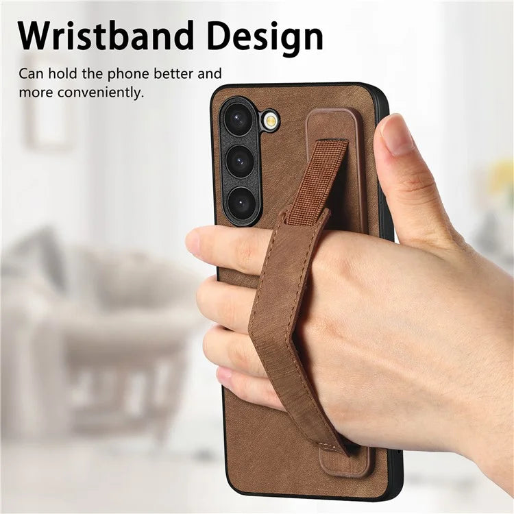 D11 For Samsung Galaxy S23 Cell Phone Case Shockproof Leather+TPU Wristband Kickstand Cover