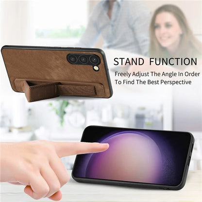 D11 For Samsung Galaxy S23 Cell Phone Case Shockproof Leather+TPU Wristband Kickstand Cover