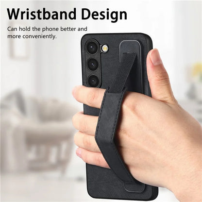 D11 For Samsung Galaxy S23 Cell Phone Case Shockproof Leather+TPU Wristband Kickstand Cover