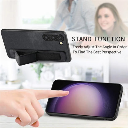 D11 For Samsung Galaxy S23 Cell Phone Case Shockproof Leather+TPU Wristband Kickstand Cover