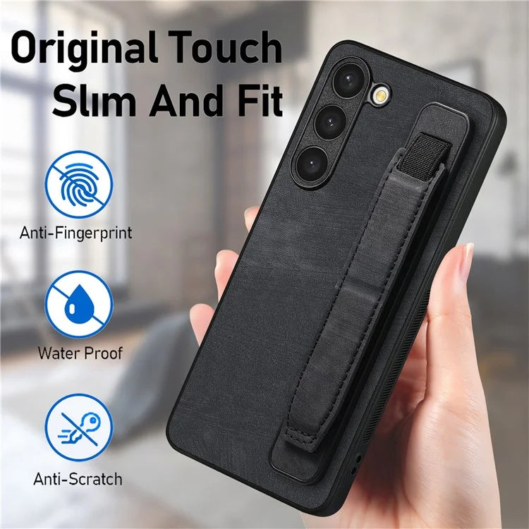 D11 For Samsung Galaxy S23 Cell Phone Case Shockproof Leather+TPU Wristband Kickstand Cover