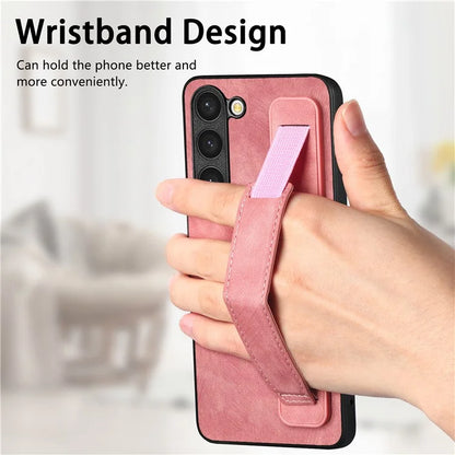 D11 For Samsung Galaxy S23 Cell Phone Case Shockproof Leather+TPU Wristband Kickstand Cover