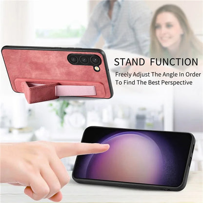 D11 For Samsung Galaxy S23 Cell Phone Case Shockproof Leather+TPU Wristband Kickstand Cover