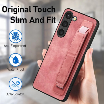 D11 For Samsung Galaxy S23 Cell Phone Case Shockproof Leather+TPU Wristband Kickstand Cover
