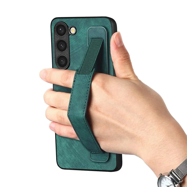D11 For Samsung Galaxy S23 Cell Phone Case Shockproof Leather+TPU Wristband Kickstand Cover