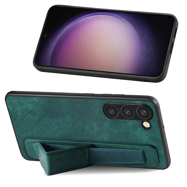 D11 For Samsung Galaxy S23 Cell Phone Case Shockproof Leather+TPU Wristband Kickstand Cover