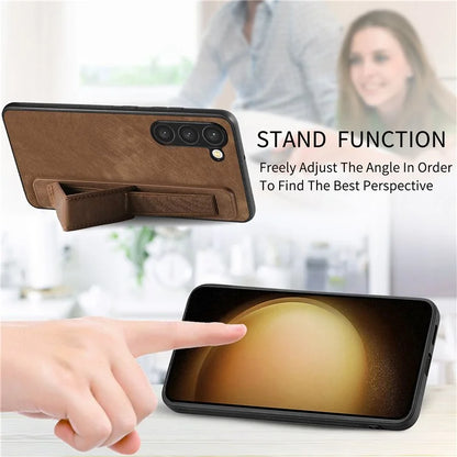 D11 For Samsung Galaxy S23+ Cell Phone Case Anti-scratch PU Leather+TPU Wristband Kickstand Cover