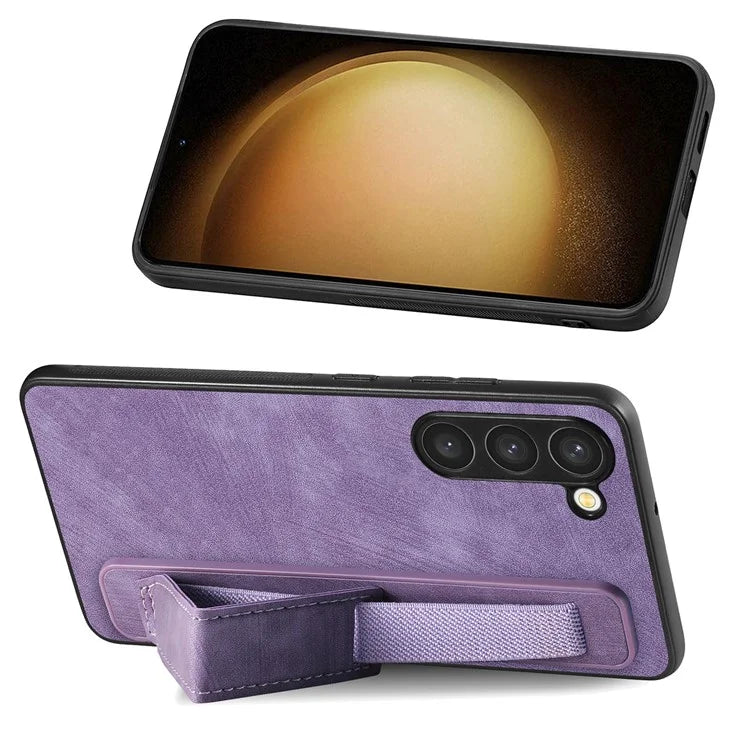 D11 For Samsung Galaxy S23+ Cell Phone Case Anti-scratch PU Leather+TPU Wristband Kickstand Cover