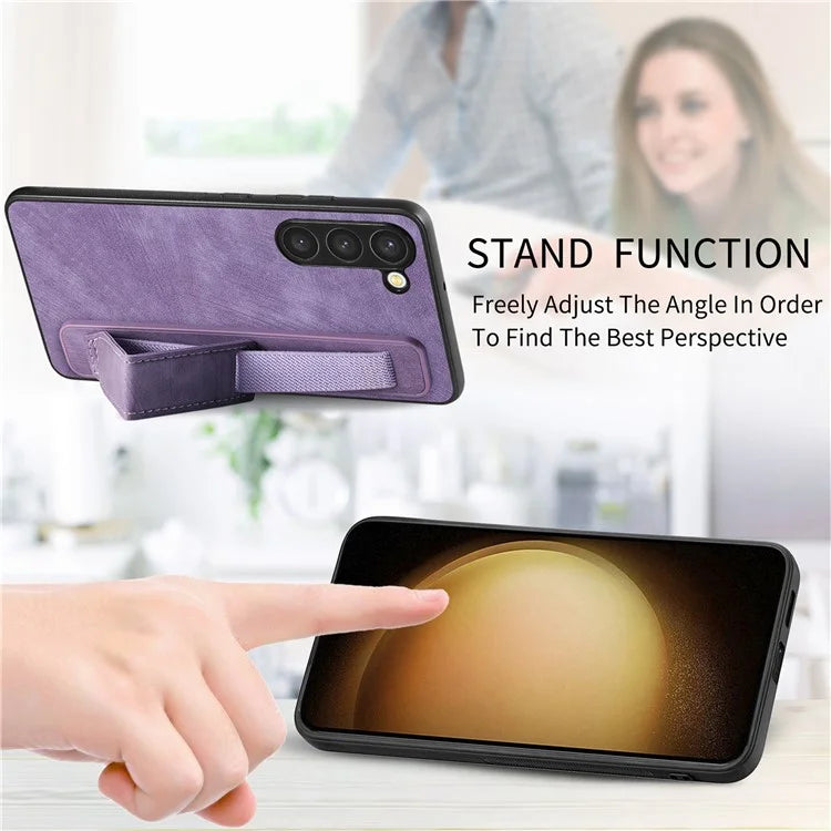 D11 For Samsung Galaxy S23+ Cell Phone Case Anti-scratch PU Leather+TPU Wristband Kickstand Cover
