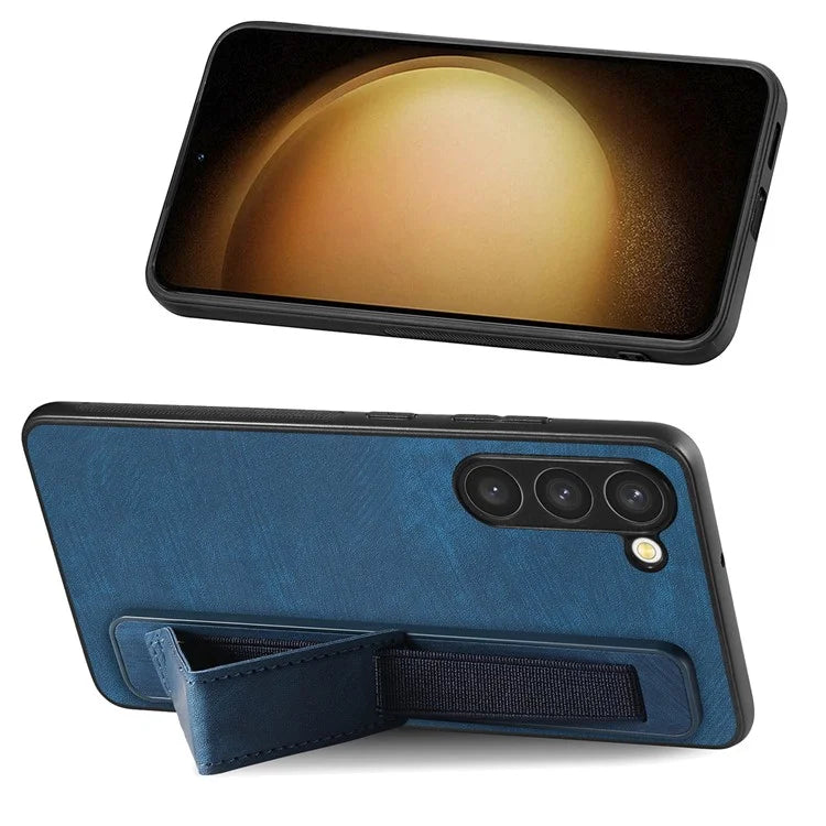 D11 For Samsung Galaxy S23+ Cell Phone Case Anti-scratch PU Leather+TPU Wristband Kickstand Cover