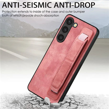 D11 For Samsung Galaxy S23+ Cell Phone Case Anti-scratch PU Leather+TPU Wristband Kickstand Cover