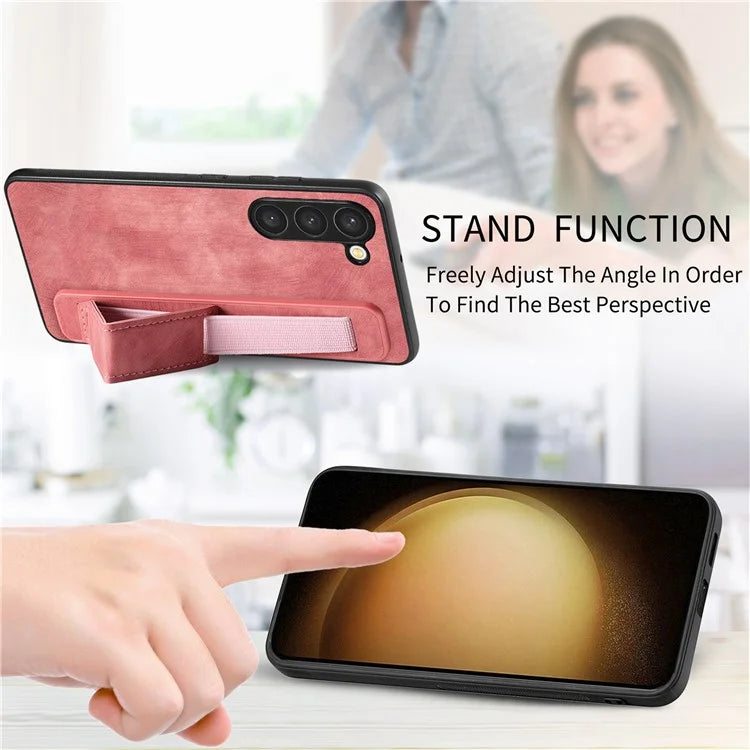 D11 For Samsung Galaxy S23+ Cell Phone Case Anti-scratch PU Leather+TPU Wristband Kickstand Cover