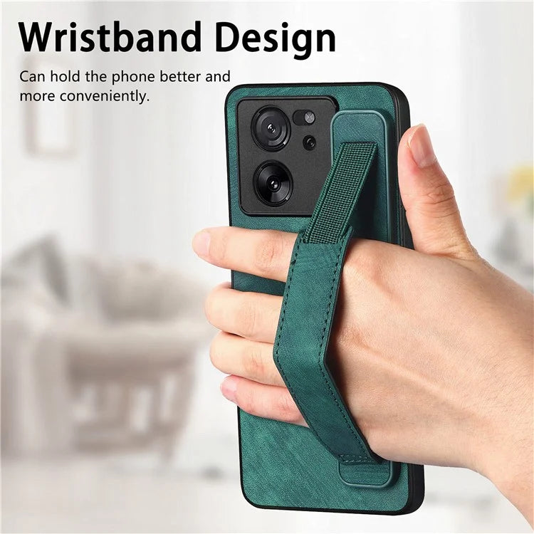 D11 For Xiaomi 13T / 13T Pro Cell Phone Case Vintage PU Leather+TPU Cover with Wristband Design