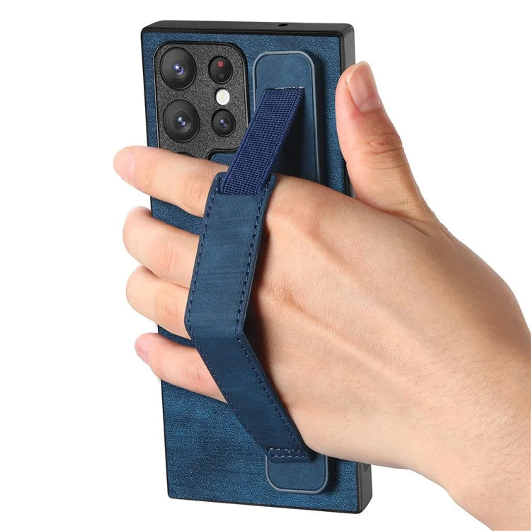 D11 For Samsung Galaxy S22 Ultra 5G Case Wristband Kickstand Leather Coated TPU Protective Cover