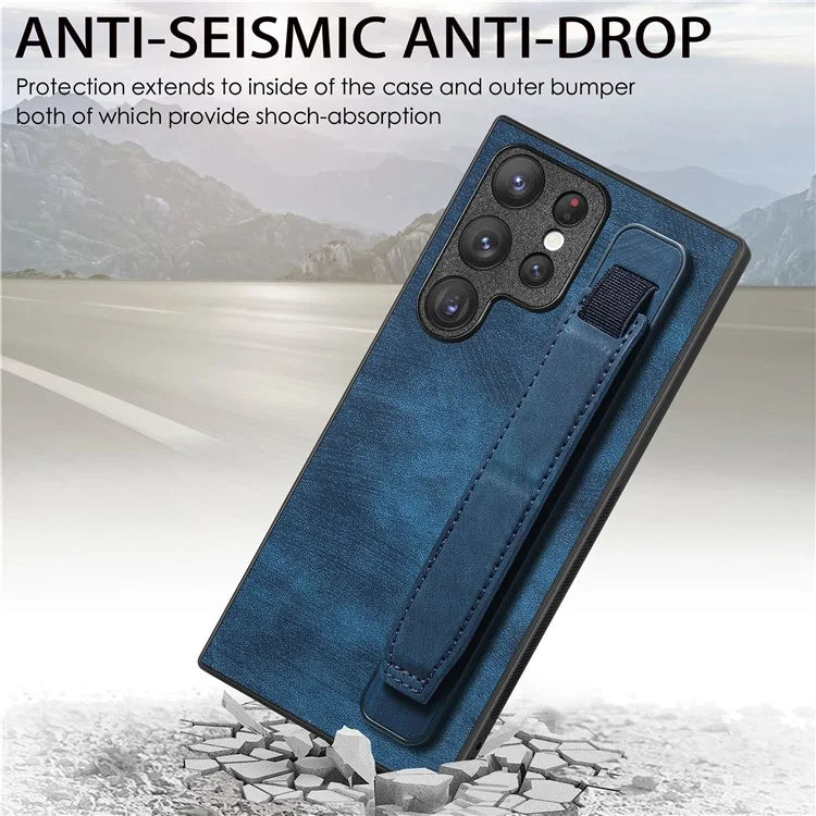 D11 For Samsung Galaxy S22 Ultra 5G Case Wristband Kickstand Leather Coated TPU Protective Cover