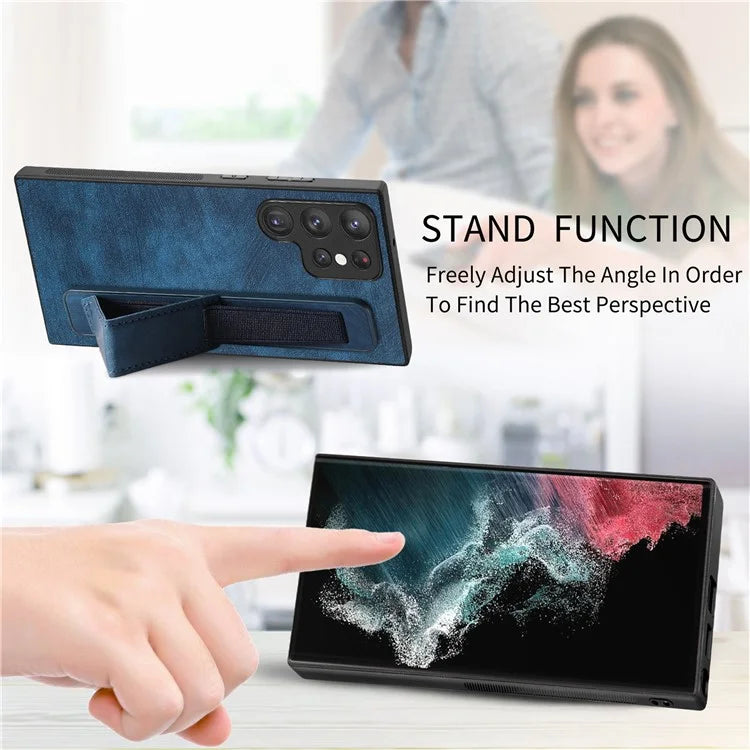 D11 For Samsung Galaxy S22 Ultra 5G Case Wristband Kickstand Leather Coated TPU Protective Cover
