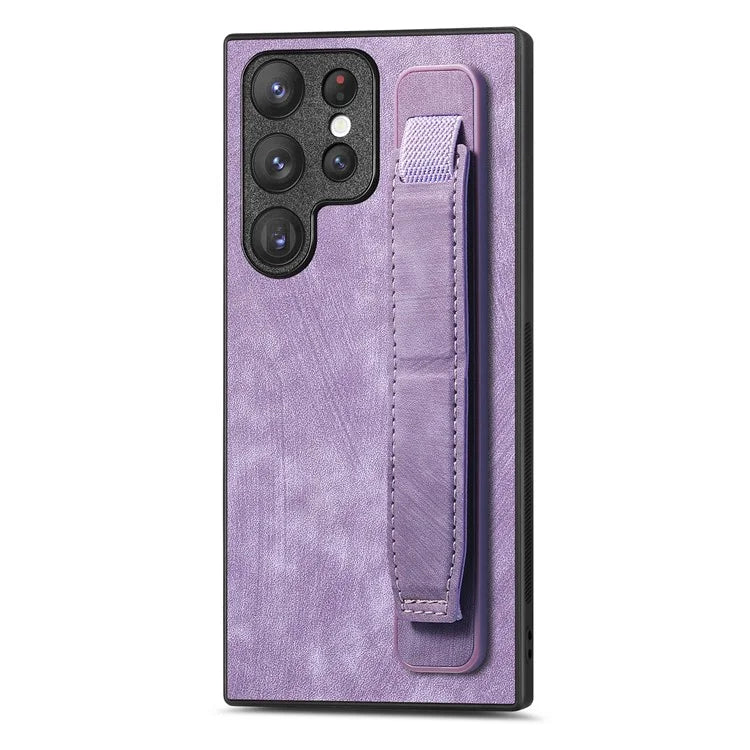 D11 For Samsung Galaxy S22 Ultra 5G Case Wristband Kickstand Leather Coated TPU Protective Cover