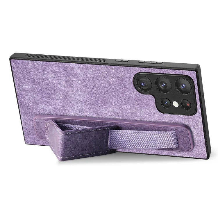 D11 For Samsung Galaxy S22 Ultra 5G Case Wristband Kickstand Leather Coated TPU Protective Cover