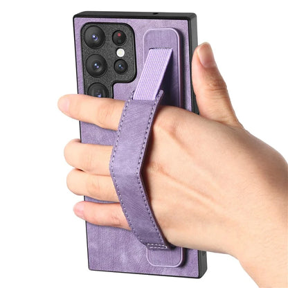 D11 For Samsung Galaxy S22 Ultra 5G Case Wristband Kickstand Leather Coated TPU Protective Cover