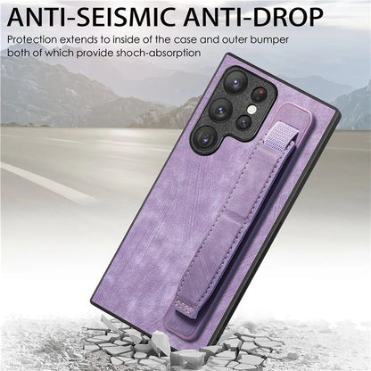 D11 For Samsung Galaxy S22 Ultra 5G Case Wristband Kickstand Leather Coated TPU Protective Cover