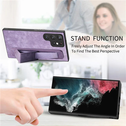 D11 For Samsung Galaxy S22 Ultra 5G Case Wristband Kickstand Leather Coated TPU Protective Cover