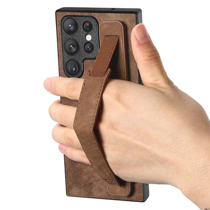 D11 For Samsung Galaxy S22 Ultra 5G Case Wristband Kickstand Leather Coated TPU Protective Cover
